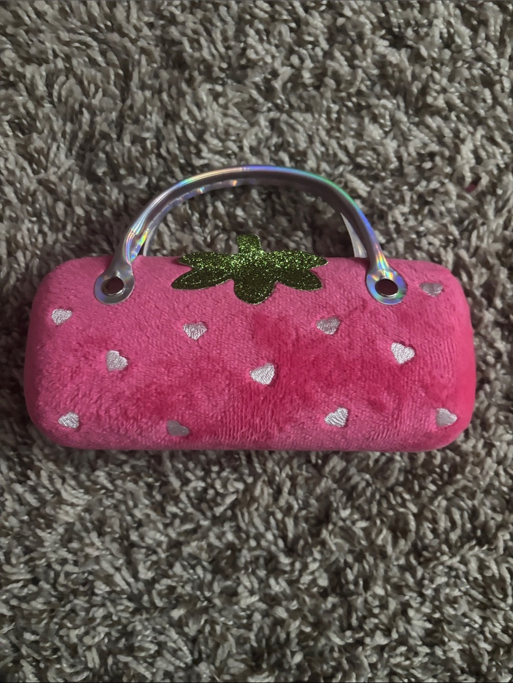 Pink Plush Strawberry sun glasses case with Holographic Handle